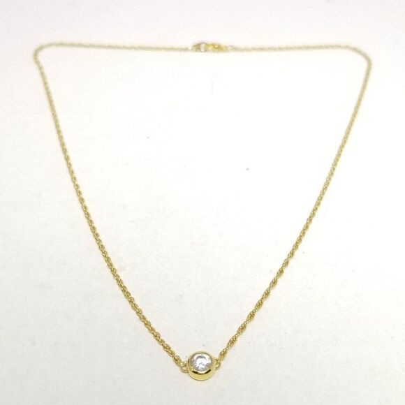 Vintage Solitaire Rhinestone Pendant Necklace, Gold Tone Chain, Minimal Sparkle - Picture 7 of 7